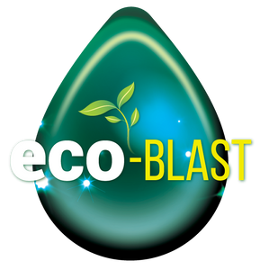 The words "Eco-Blast" in a green water drop with a leaf growing out of it.